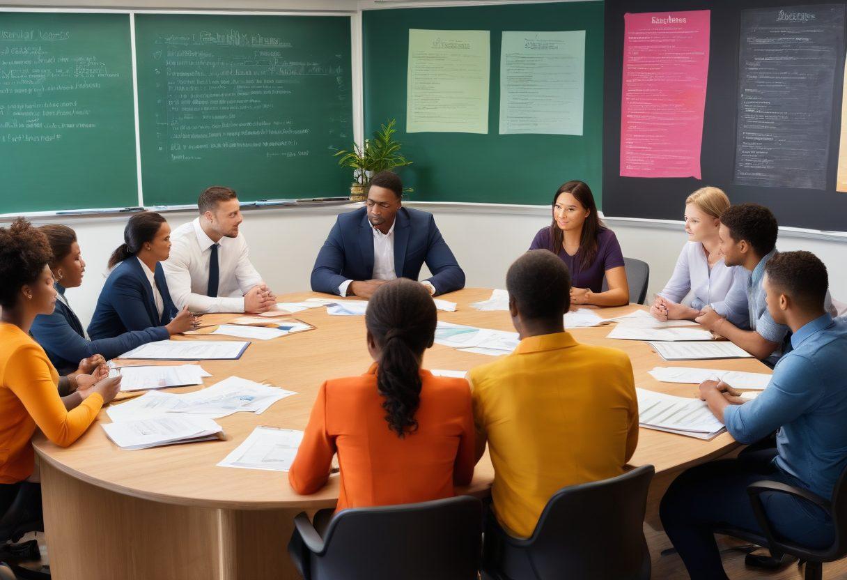 A diverse group of individuals engaged in a thoughtful discussion around a circular table, reviewing different insurance policy documents with a large chalkboard in the background, illustrating key benefits and personalizations for both personal and business protection. Bright and inviting office setting with strategic diagrams visible. Warm colors to create a welcoming atmosphere. super-realistic. vibrant colors.