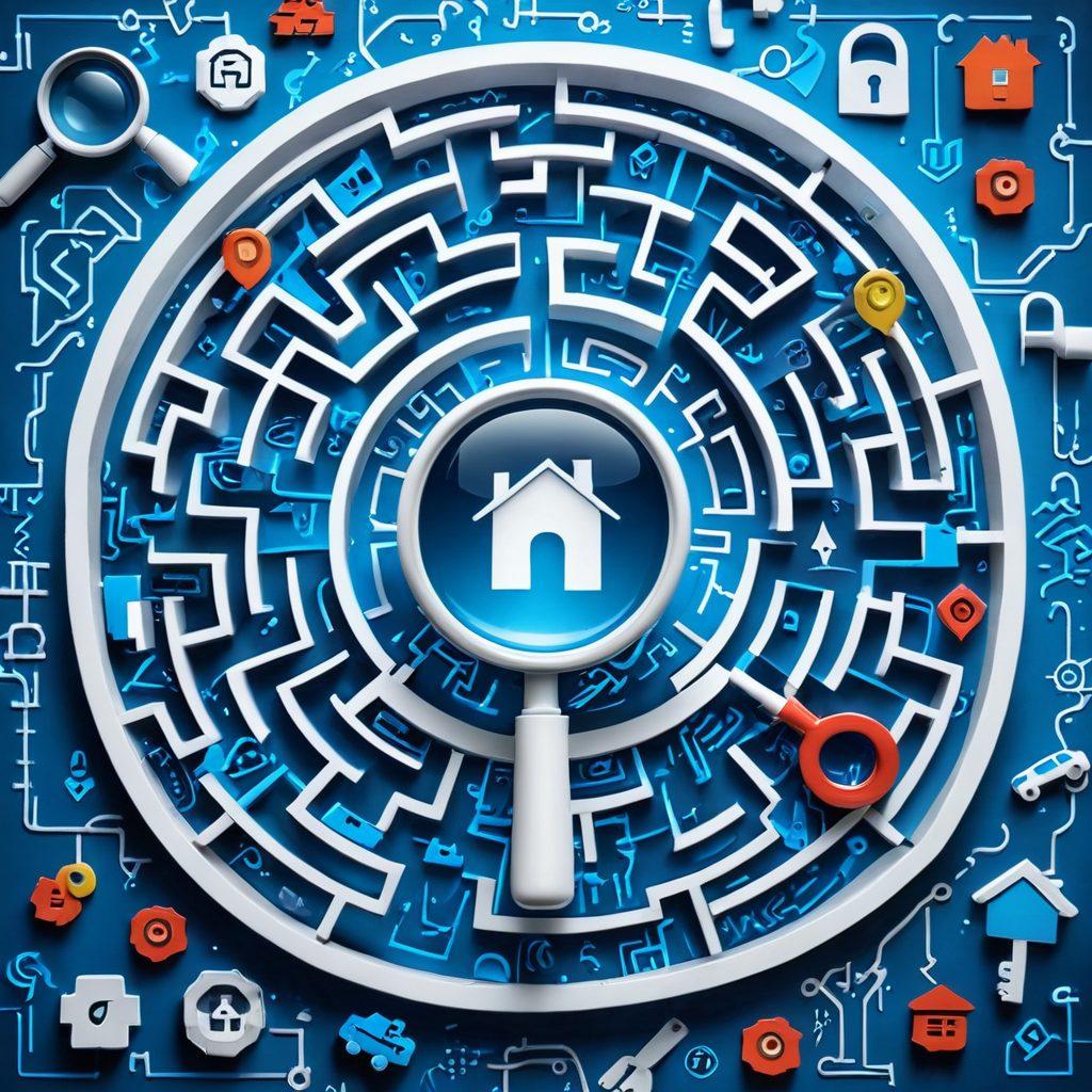 An intricate maze symbolizing the complexity of insurance, with diverse paths leading to icons representing various types of coverage like home, health, auto, and life. Overhead, a magnifying glass reveals hidden risks, adding depth to the theme of risk management. The background features a gradient of soft blues and whites, evoking a sense of trust and clarity. Bright, supportive colors highlight key elements, ensuring a visually engaging experience. super-realistic. vibrant colors. white background.